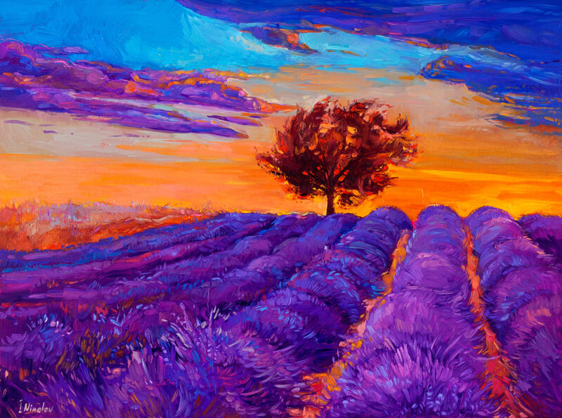 Lavender Field at Sunset — Purple, Dramatic, Painting