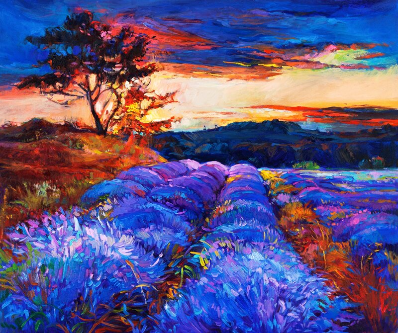 Lavender Field at Sunset — Purple, Dramatic, Painting, Tree, Mountains, Sky