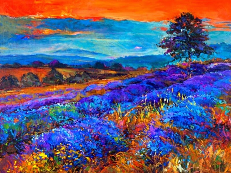 Lavender Field at Sunset — Purple, Dramatic, Painting, Tree, Mountains