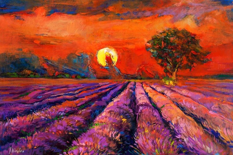 Lavender Field at Sunset — Purple, Dramatic, Painting, Tree, Sun, Sky