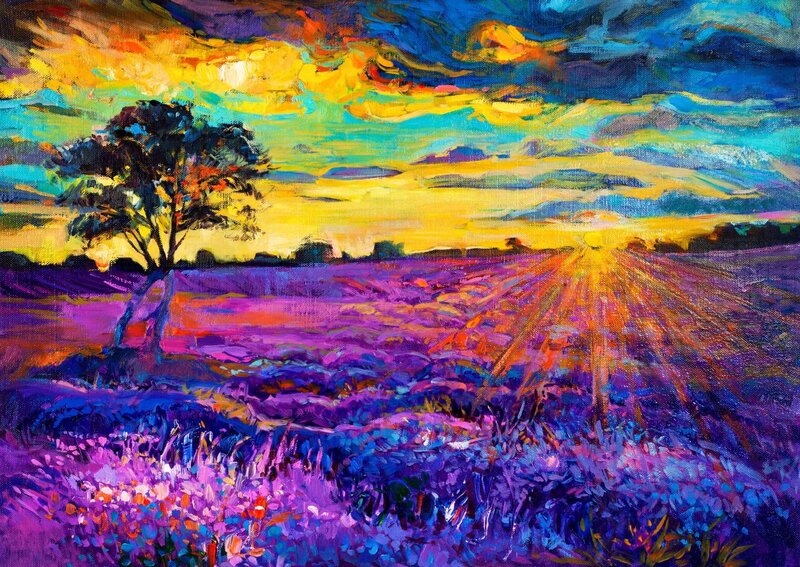 Lavender Field at Sunset — Purple, Dramatic, Painting, Tree, Sun