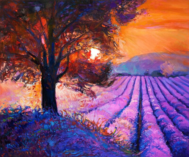 Lavender Field at Sunset — Purple, Dramatic, Painting, Tree