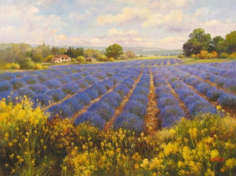 Lavender Field Landscape — Purple, Serene, Afternoon, Painting