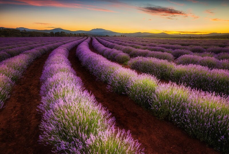 Lavender Field Rows — Purple, Serene, Sunrise