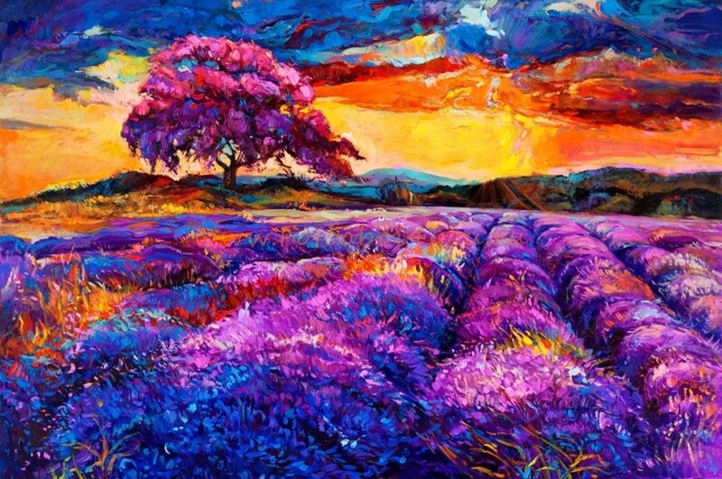 Lavender Field with Tree — Purple, Dramatic, Sunset, Painting