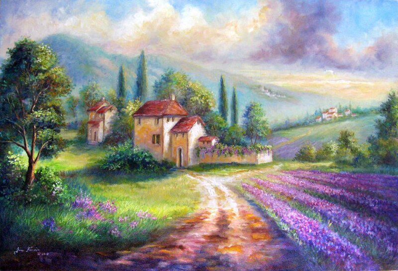 Lavender Fields and Farmhouse — Purple, Serene, Afternoon