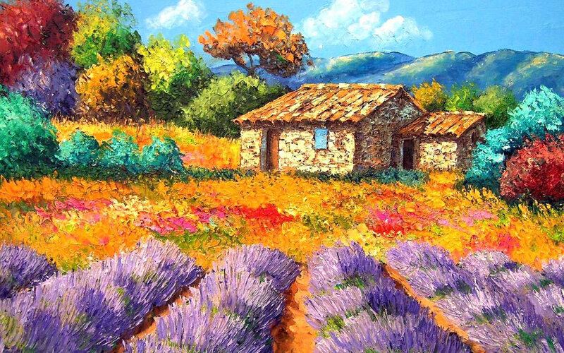 Lavender Fields with Cottage — Purple, Serene