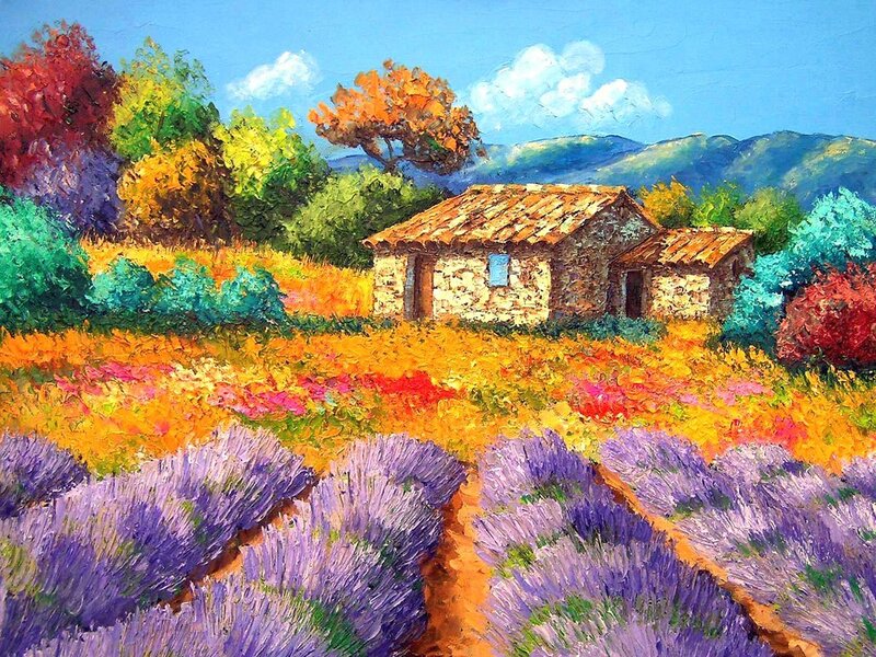 Lavender fields with stone cottage