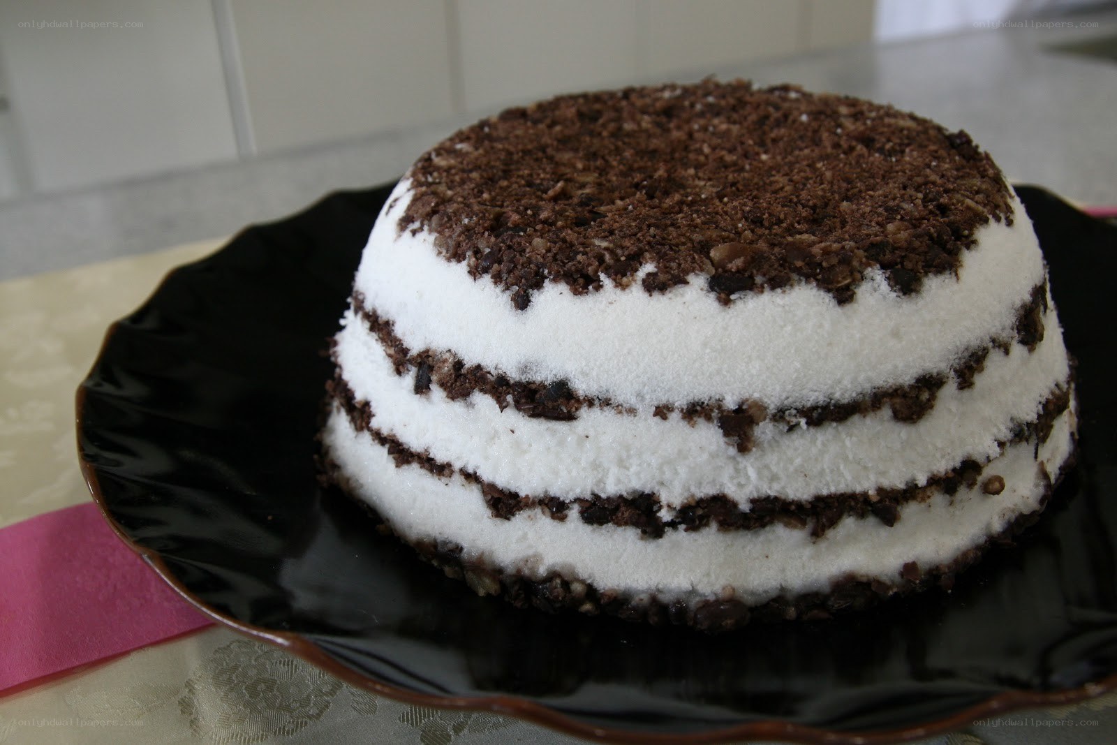 layered chocolate and white cake