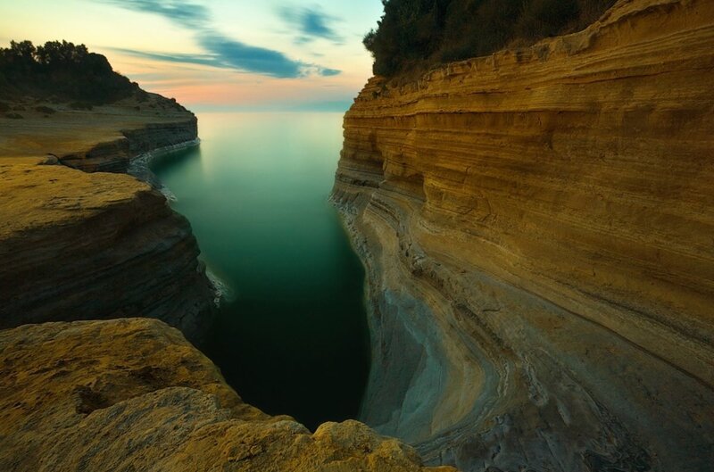 Layered Cliffs at Sunset — Yellow