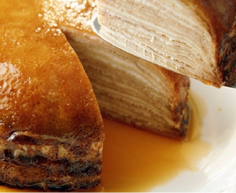 Layered crepe cake with caramel