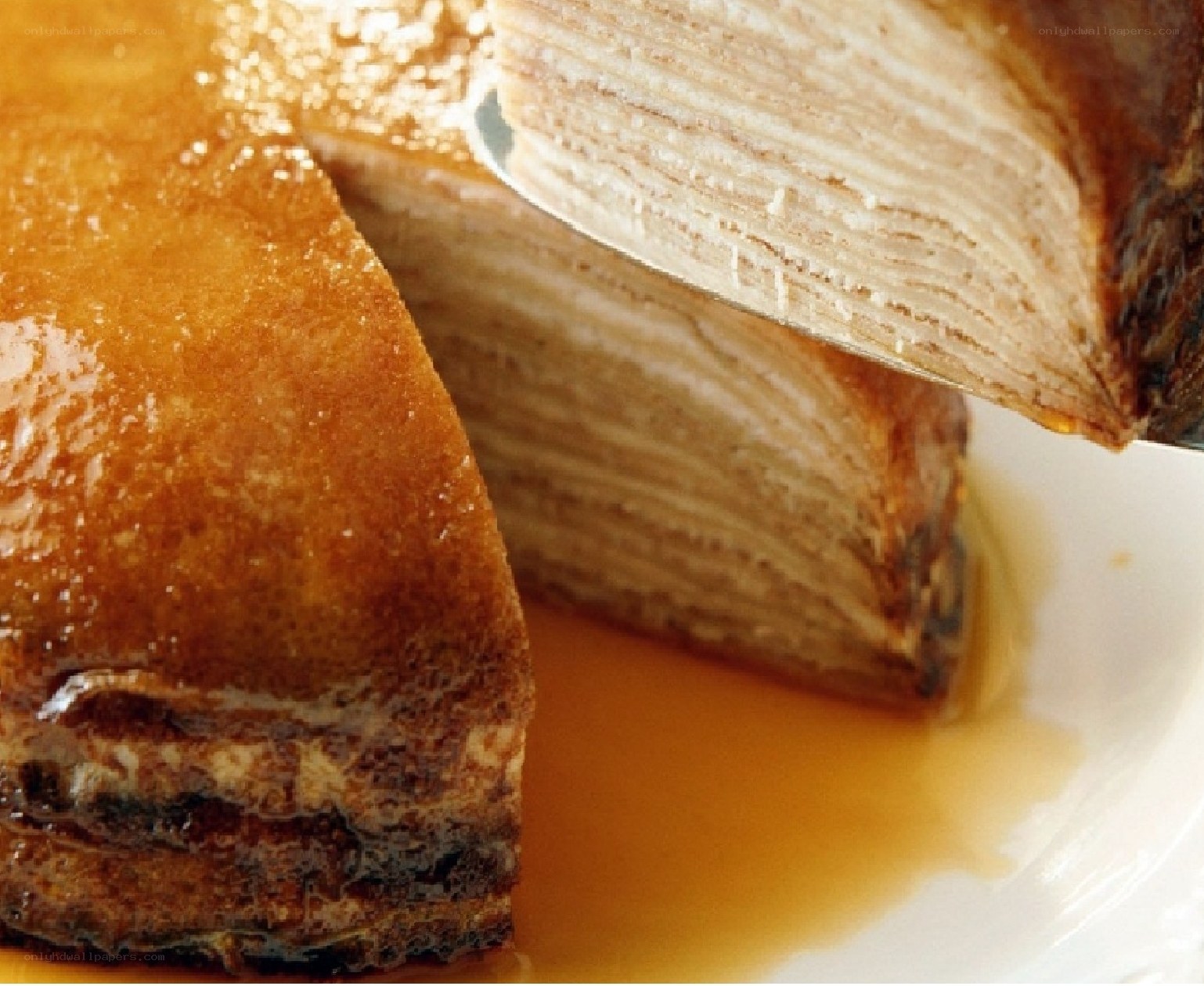Layered crepe cake with caramel
