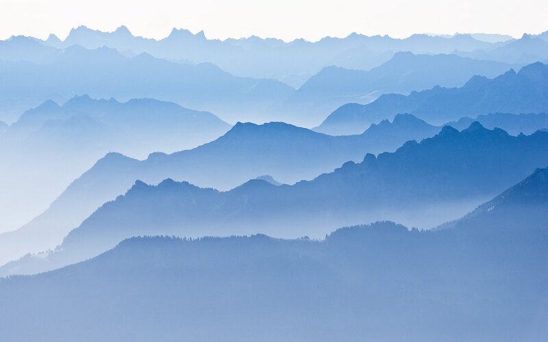 Layered Mountain Ranges — Blue, Serene, Morning, Photograph, Haze