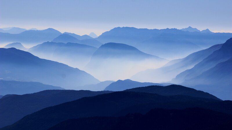 Layered Mountain Ranges — Blue, Serene, Morning, Photograph, Mountains, Fog