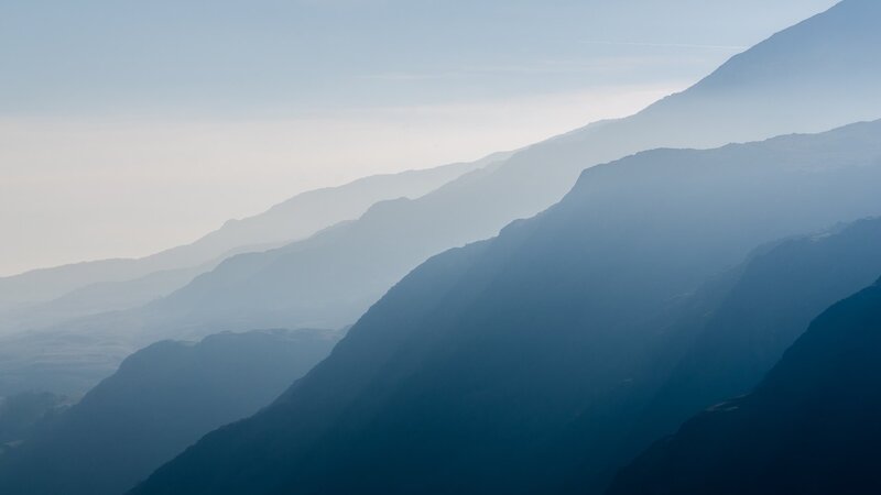 Layered Mountain Ranges — Blue, Serene, Morning, Photograph, Mountains, Haze, Sky