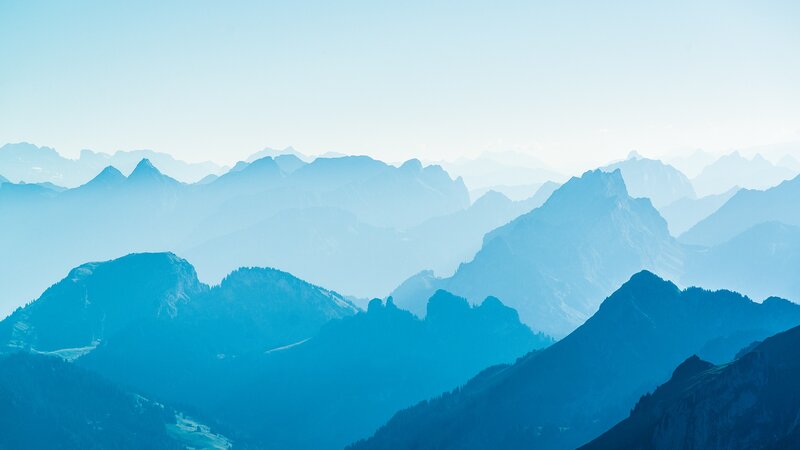 Layered Mountain Ranges — Blue, Serene, Morning, Photograph, Mountains, Sky