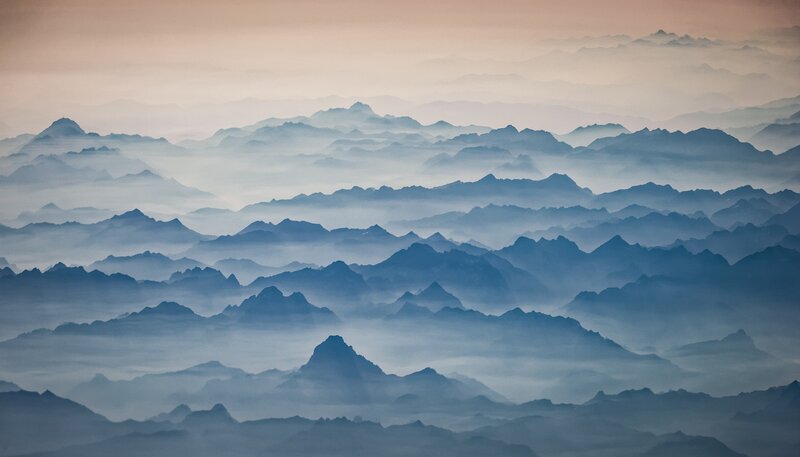 Layered Mountain Ranges — Blue, Serene, Sunset, Photograph