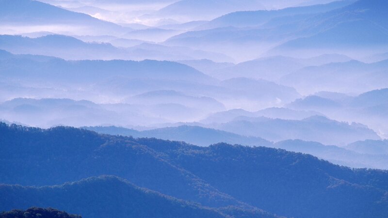 Layered Mountains in Fog — Blue, Serene, Morning, Photograph