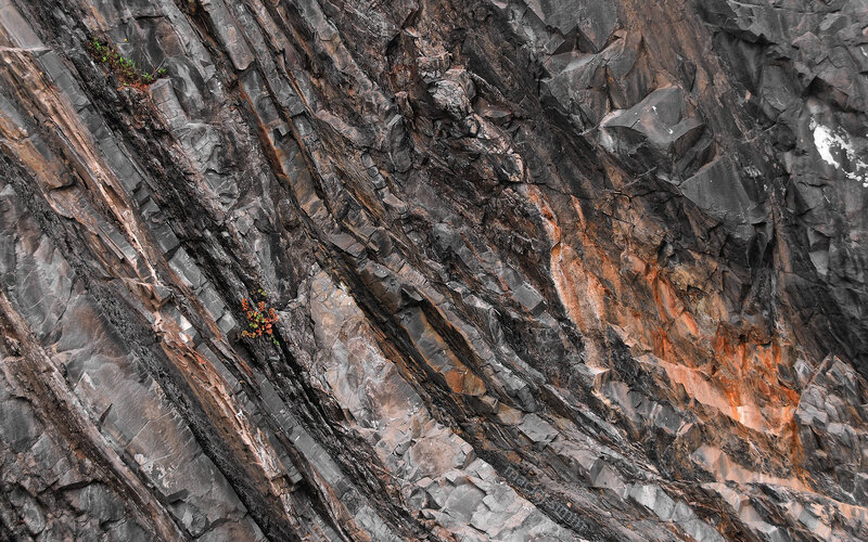 Layered rock formation with vegetation