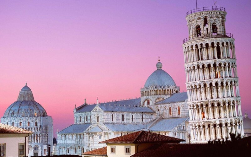 Leaning Tower of Pisa — Pink, Serene, Sunset, Photograph, Dome