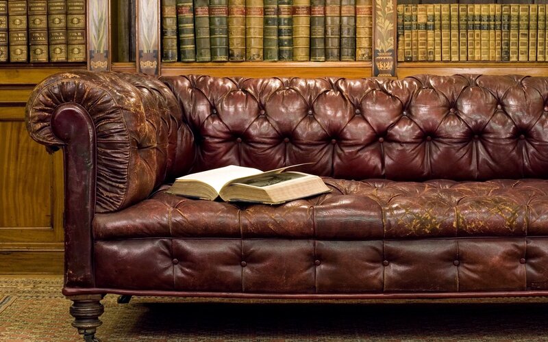 Leather sofa in a library