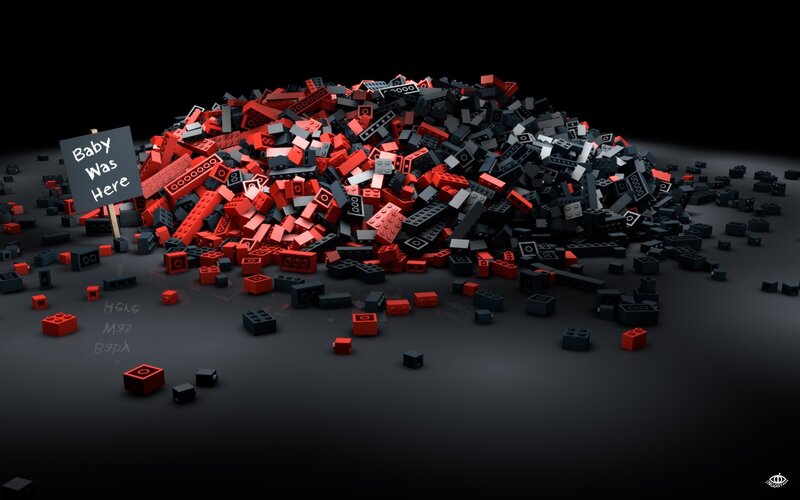 Lego bricks pile with sign