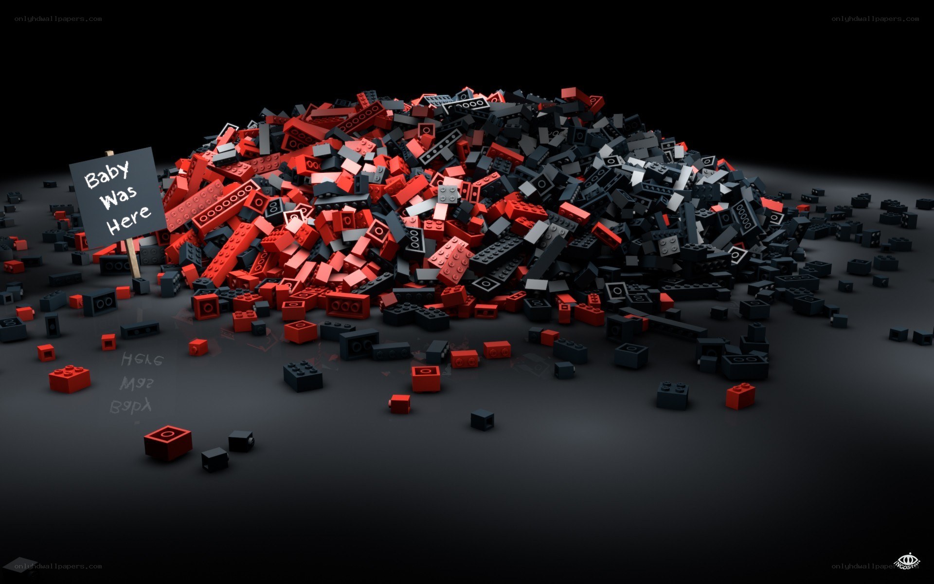 Lego bricks pile with sign