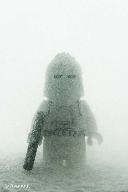 Lego figure in snowstorm