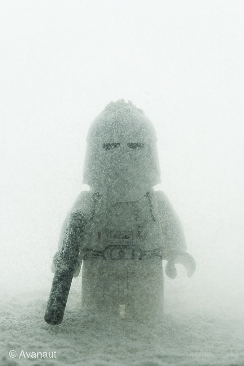 Lego figure in snowstorm