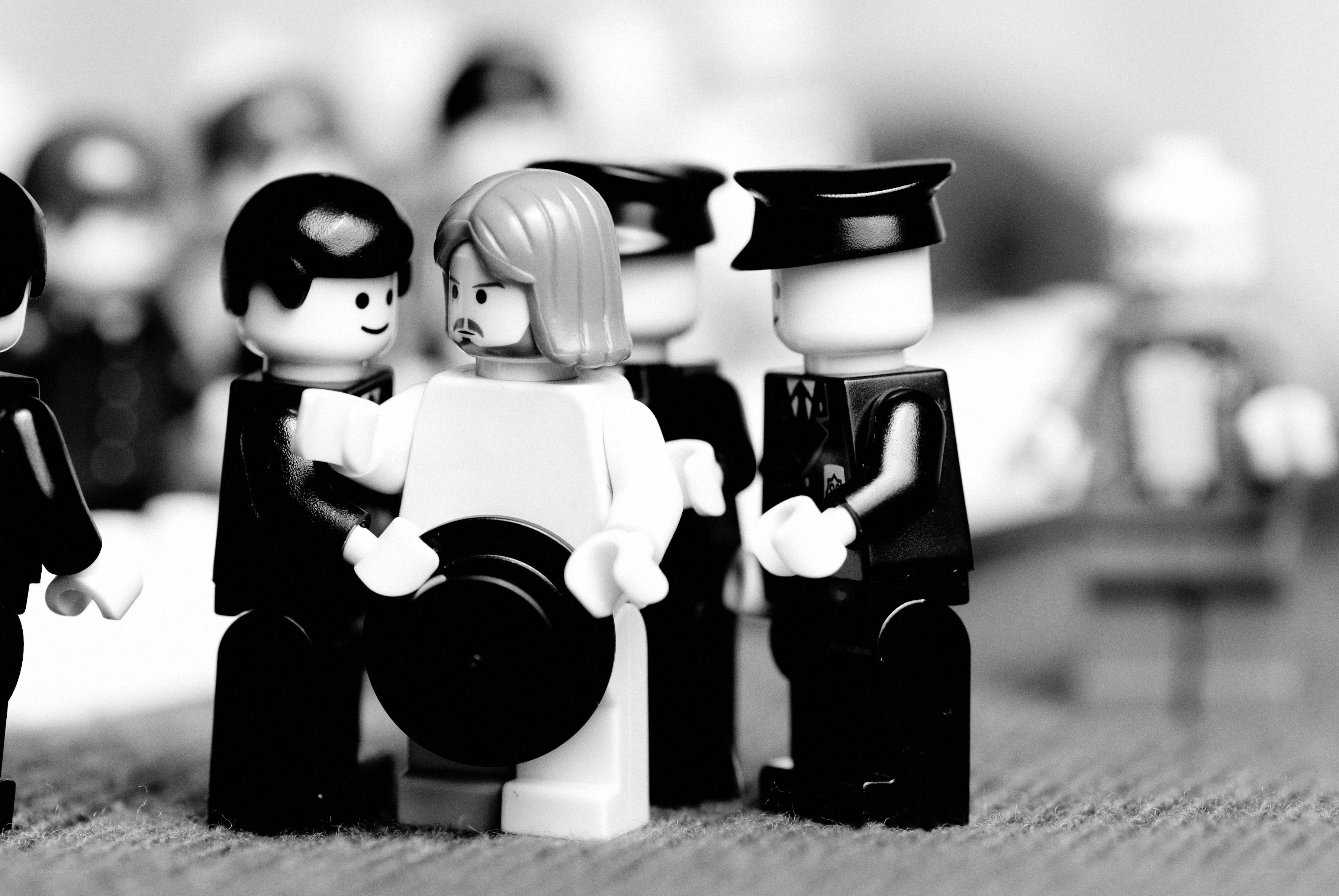 Lego figures in a tense scene