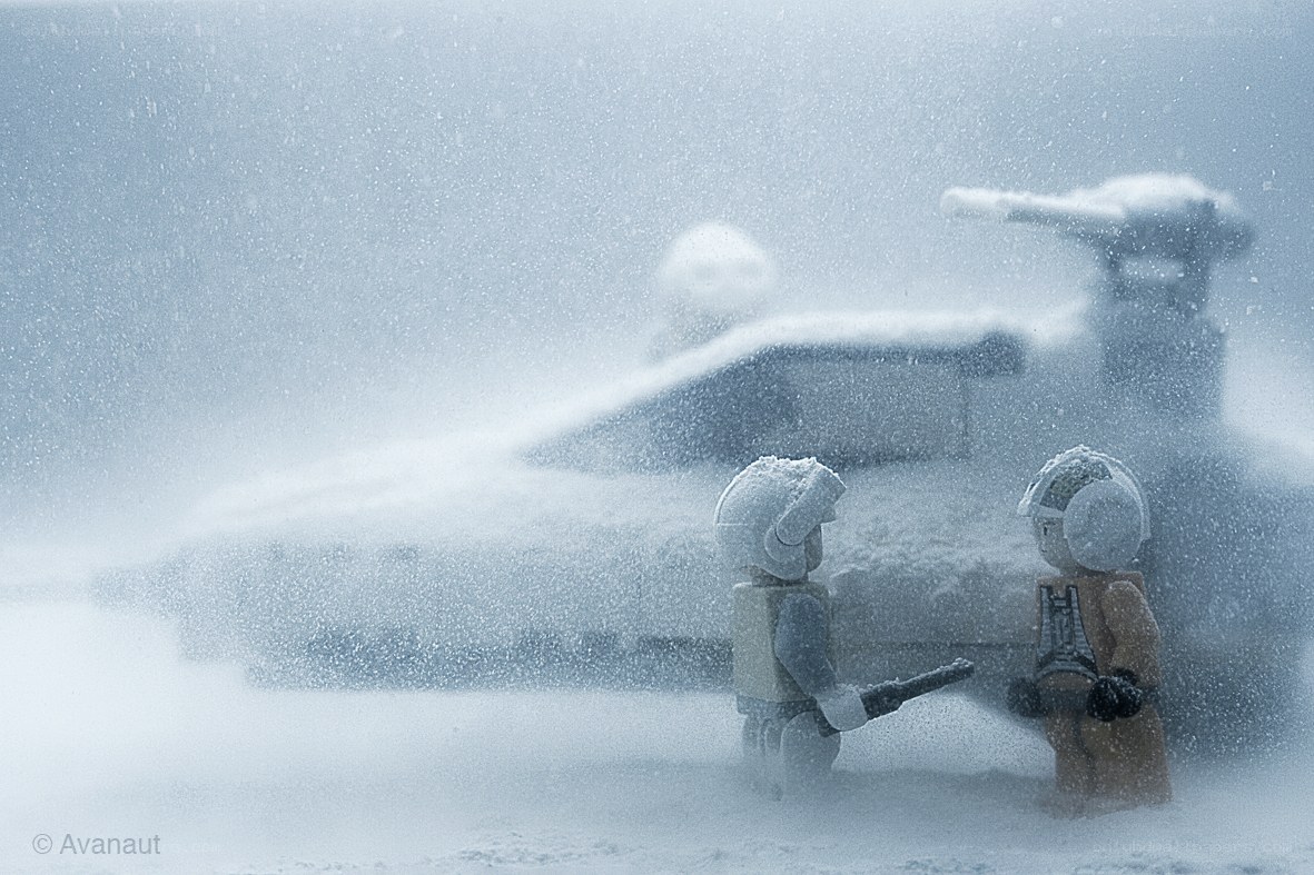 Lego figures in snowstorm