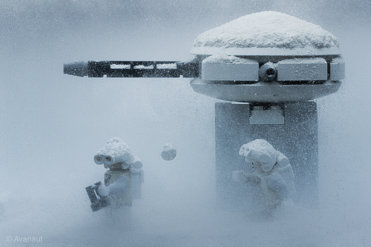 Lego figures in snowstorm