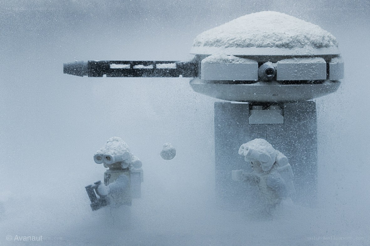Lego figures in snowstorm