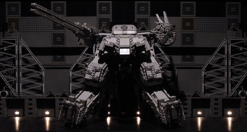 Lego mech in a hangar