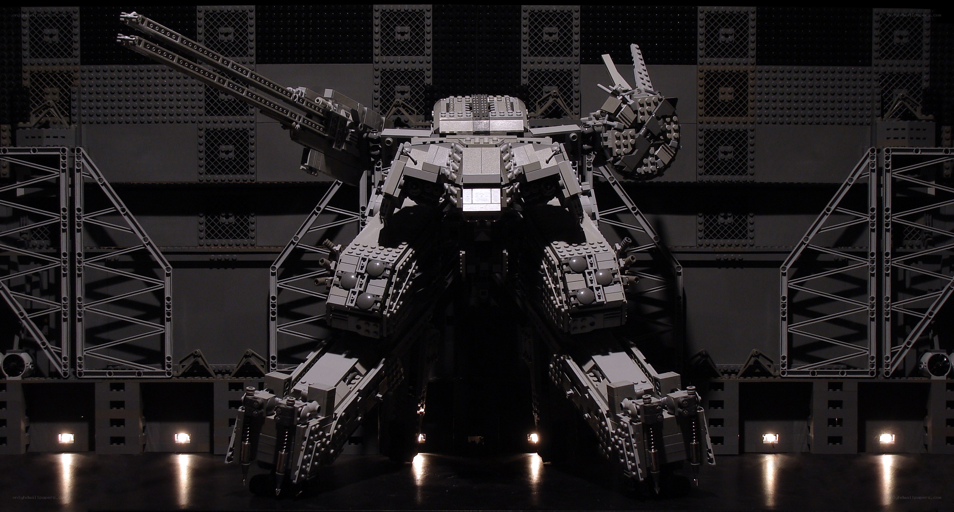 Lego mech in a hangar