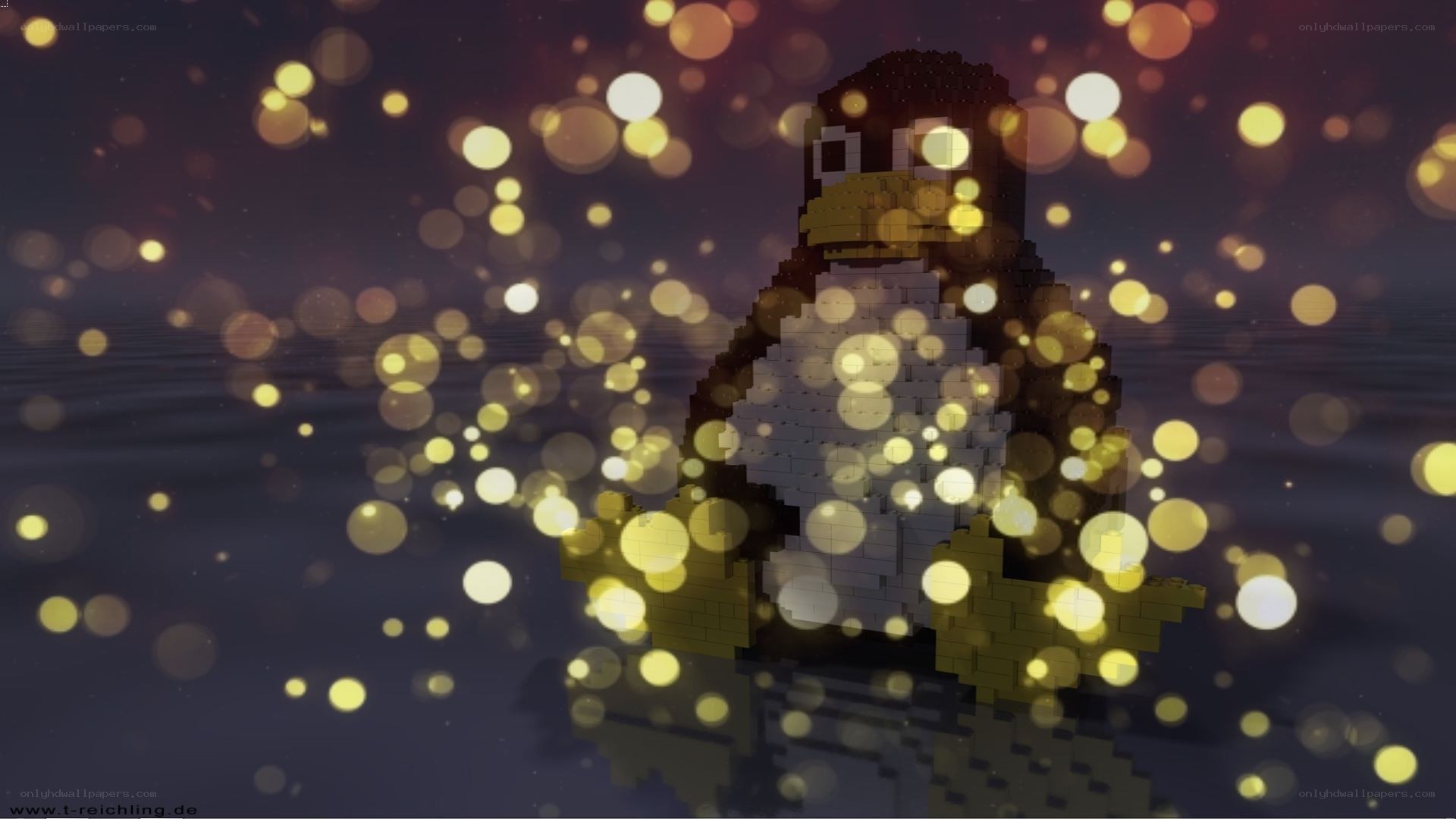Lego penguin with bokeh lights