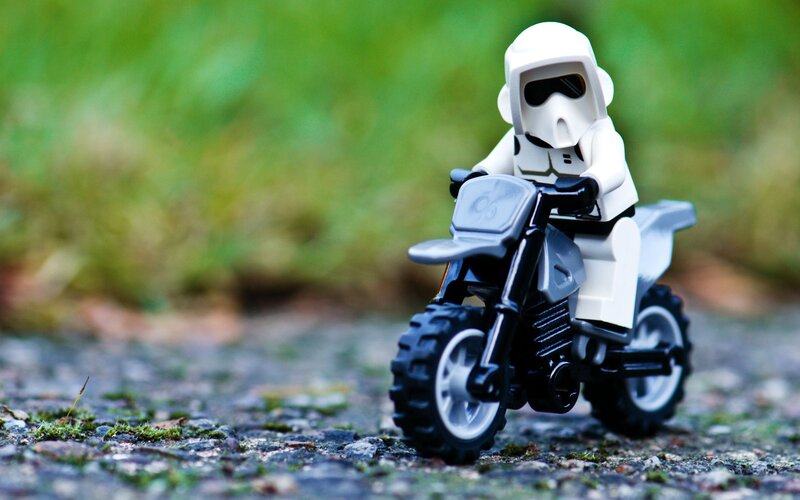 Lego stormtrooper on motorcycle