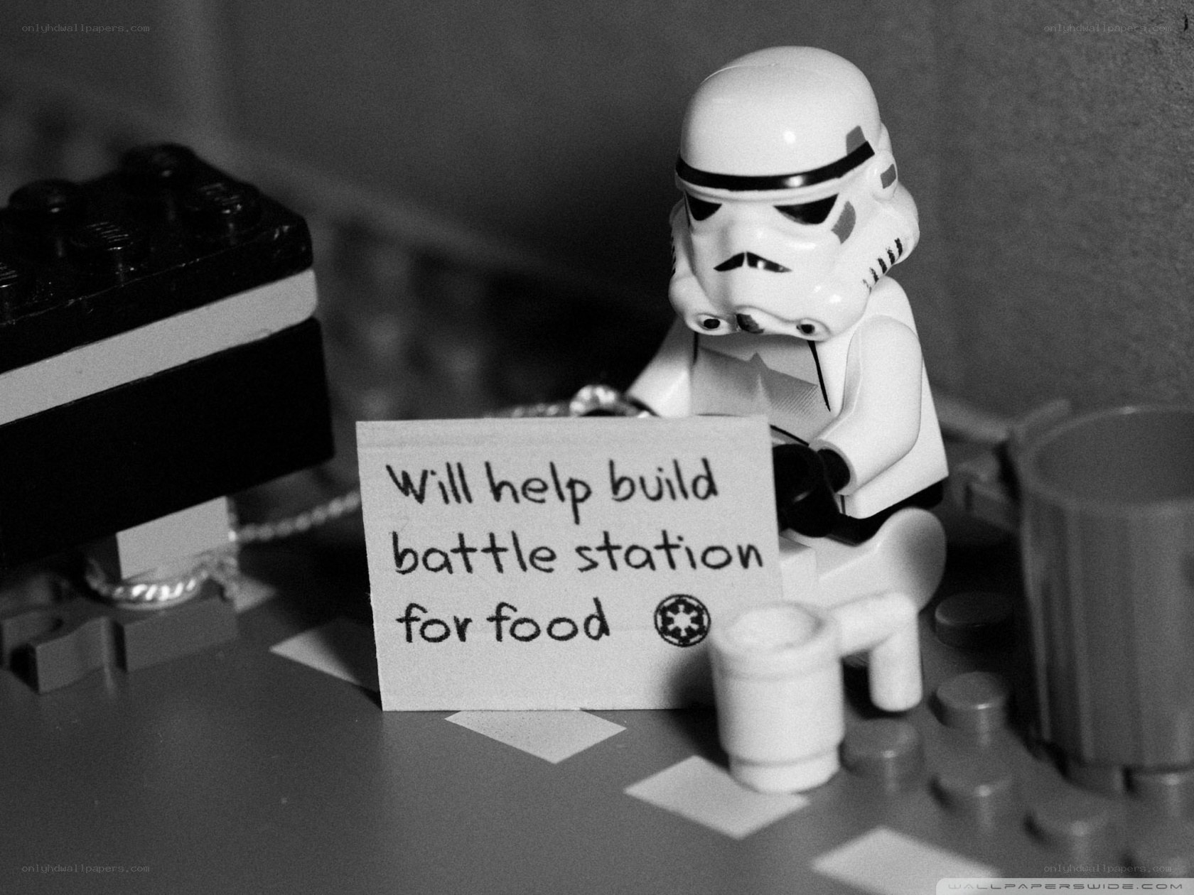 Lego stormtrooper with sign