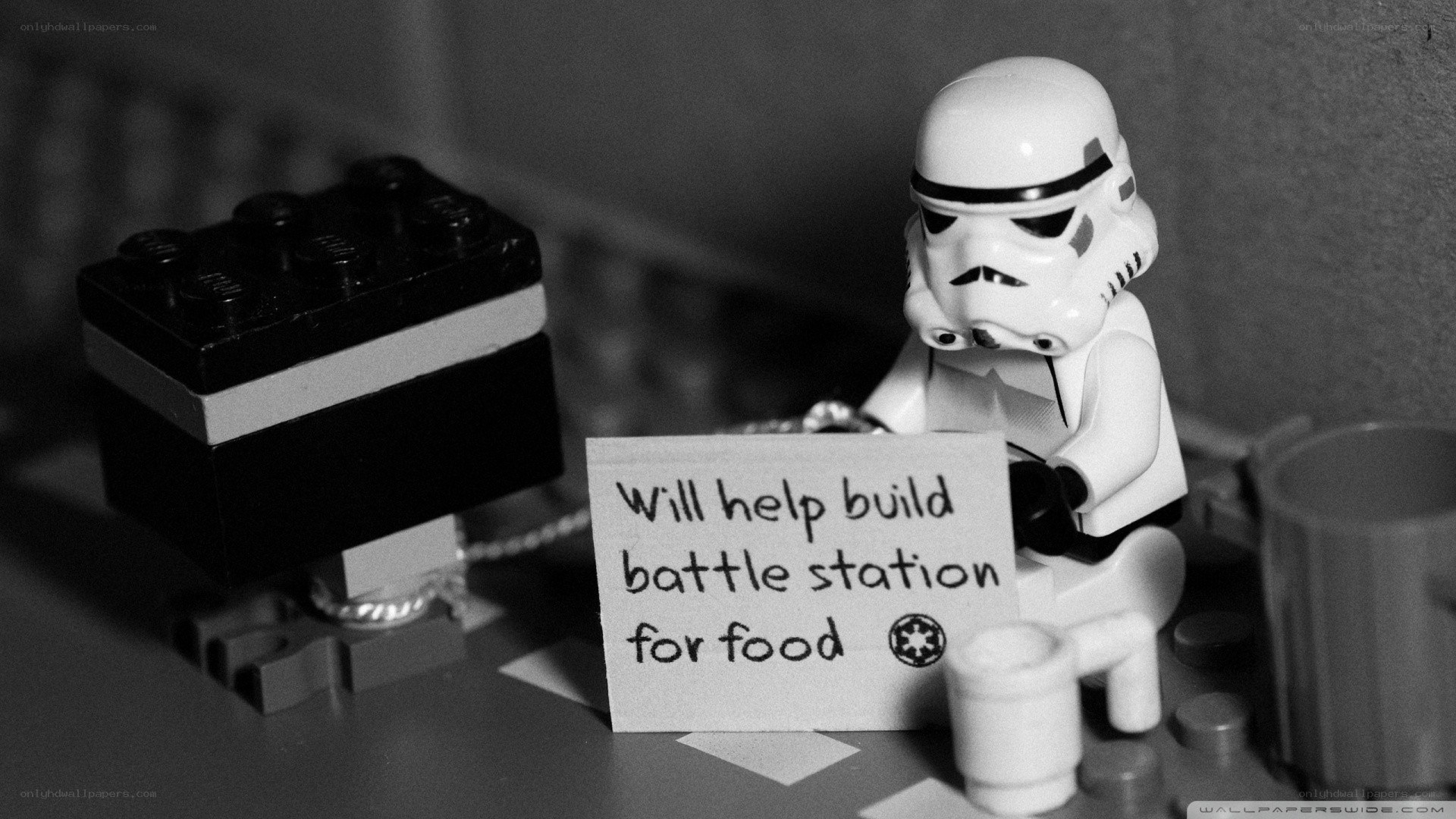 Lego stormtrooper with sign