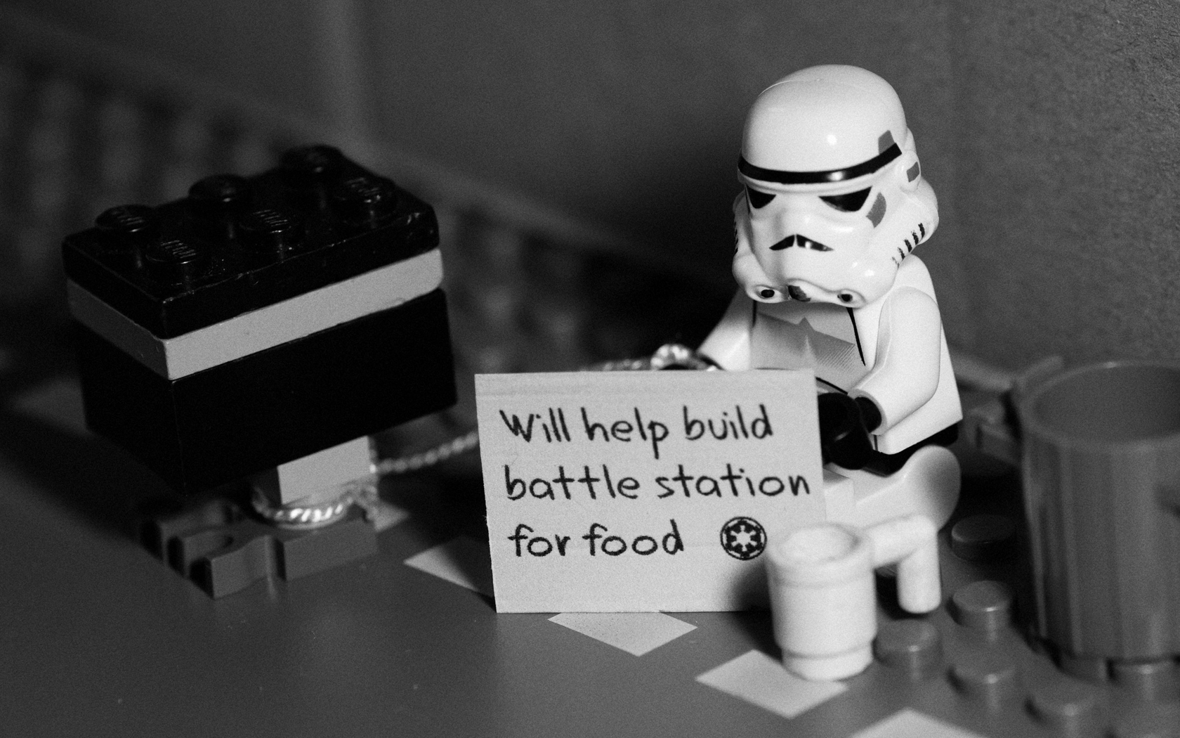 Lego stormtrooper with sign