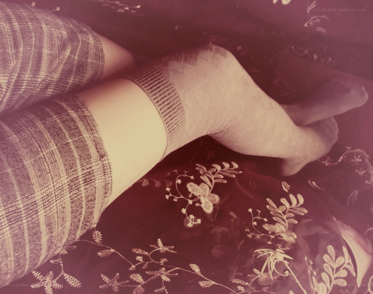 legs on embroidered fabric