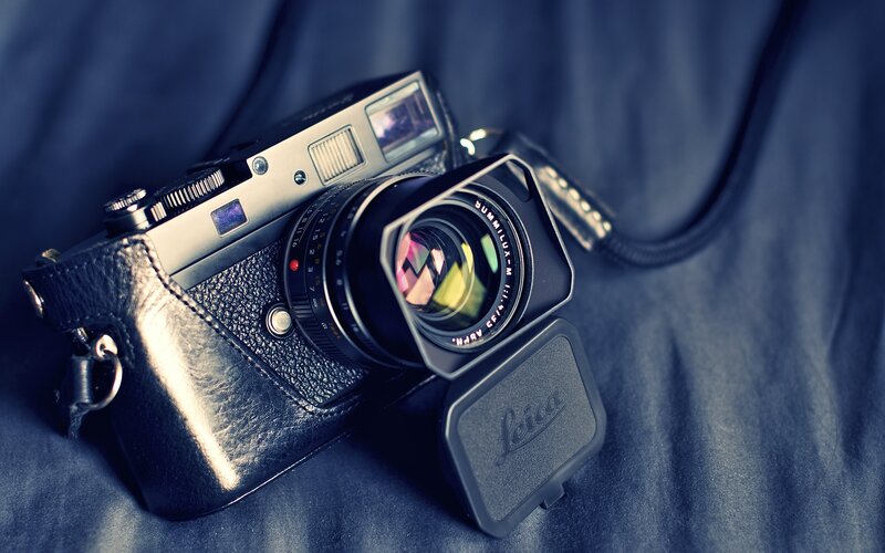 Leica camera on blue fabric