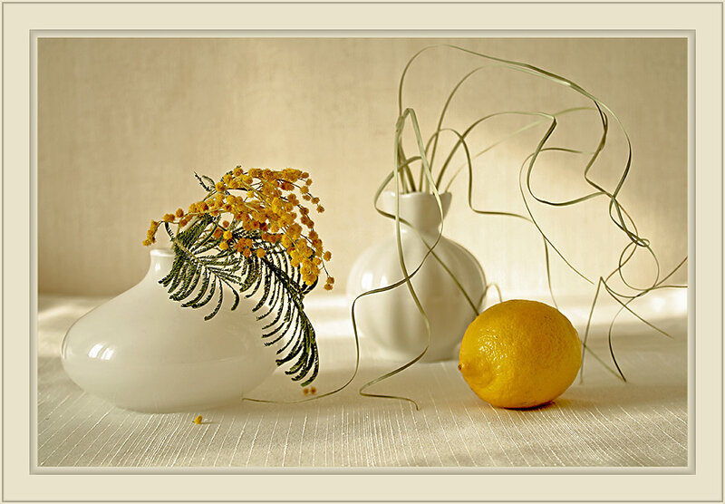 Lemon and Flowers in Vases