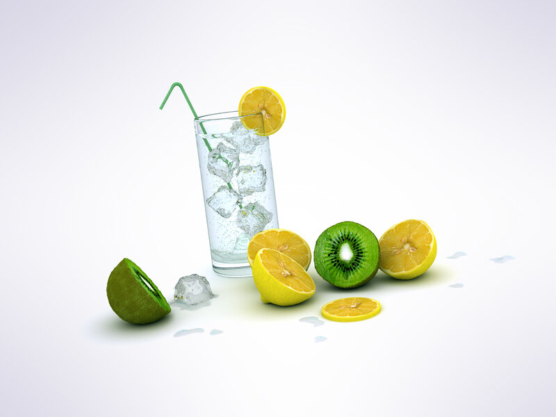 Lemon and Kiwi Drink — White, Clean, 3d Render, Lemons, Kiwis, Ice Cubes