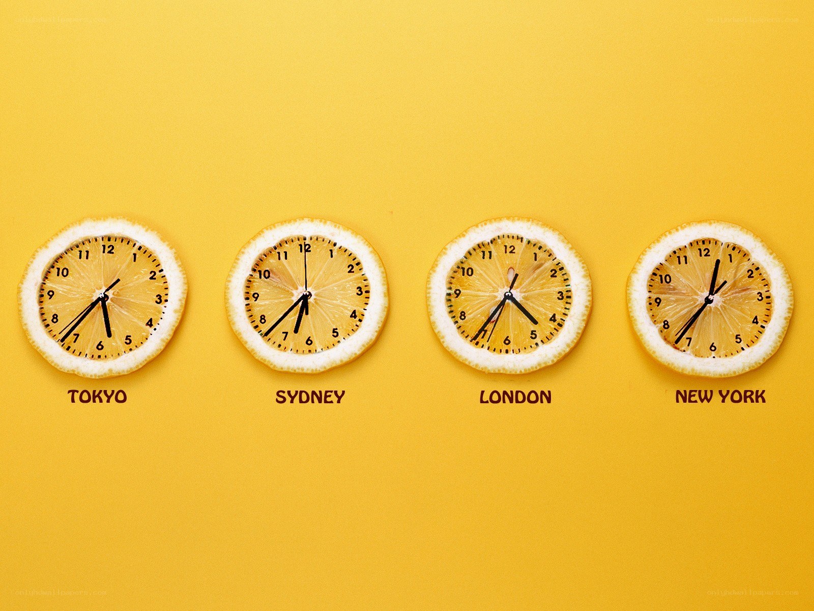 lemon clocks showing world times