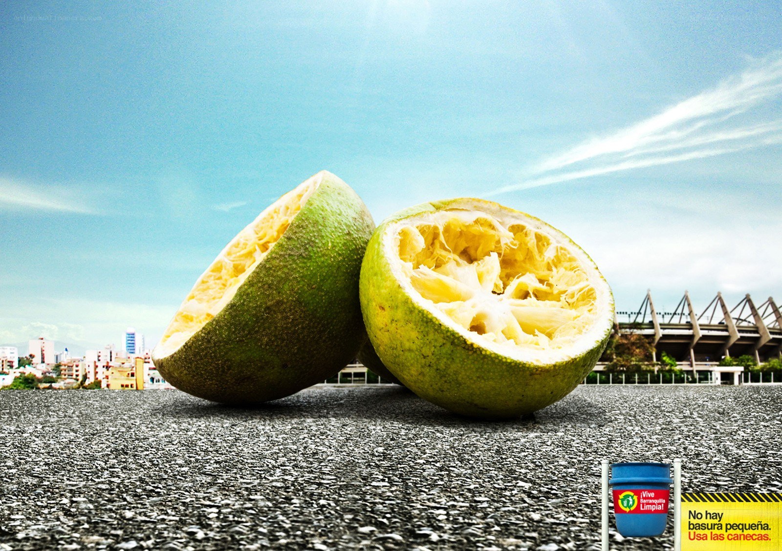 Lemon on pavement with city view