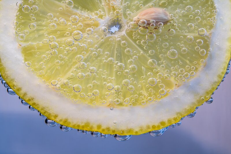 lemon slice in carbonated water