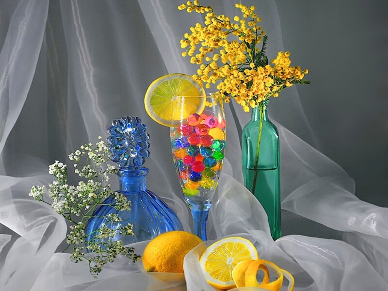 Lemons and Flowers in Glass