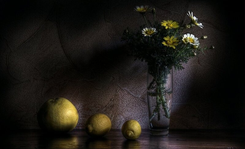 Lemons and Flowers in Vase