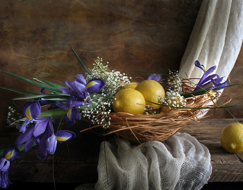 Lemons and Irises in Basket